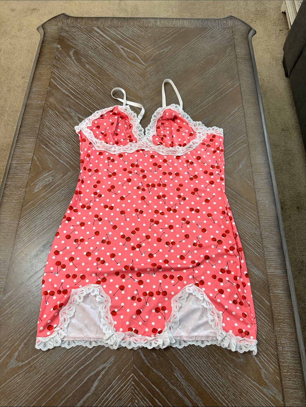 Pink Cherry Print Lace-Trim Chemise Nightdress - Picture 2 of 4